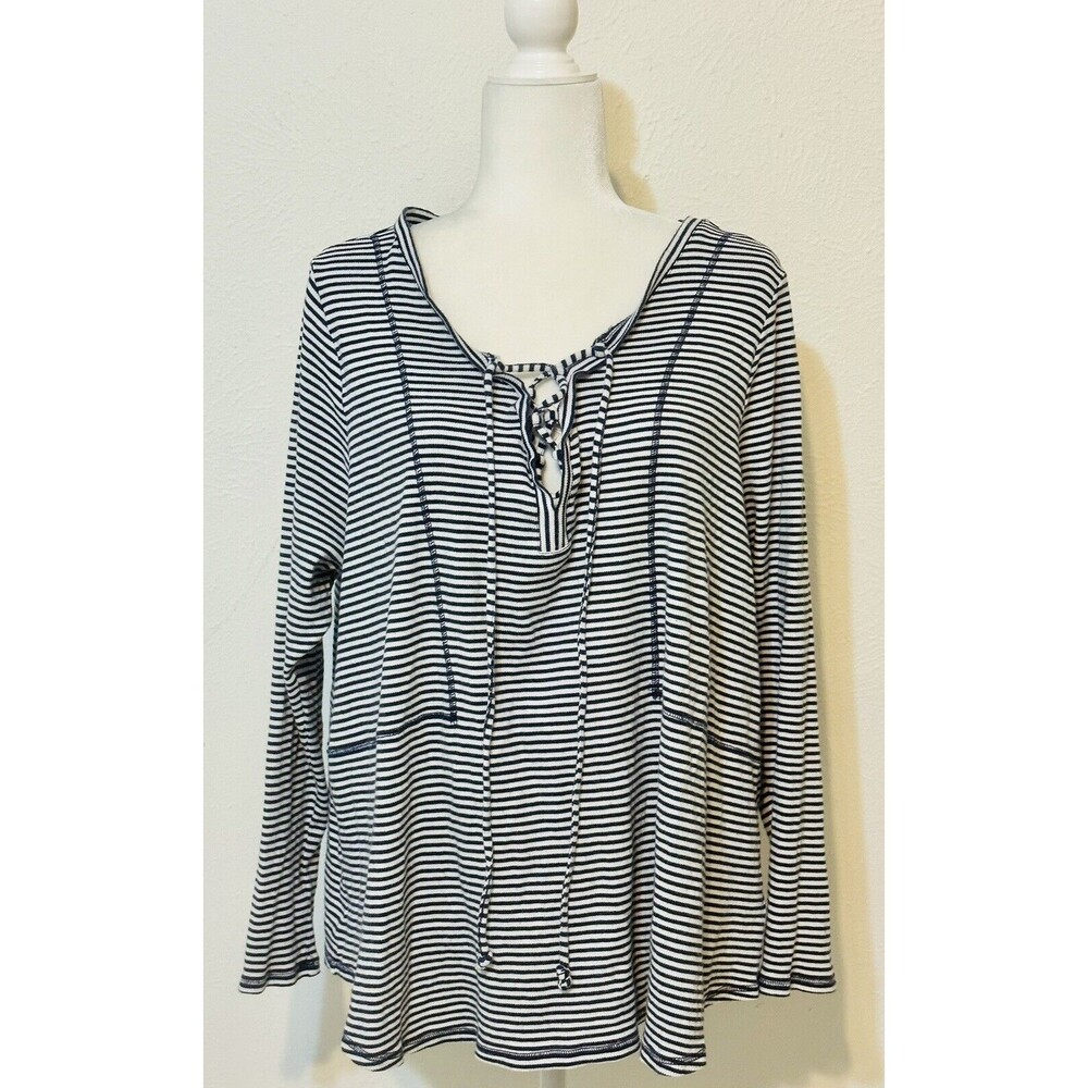 Lane Bryant Women Size 22-24 (3X) Long Sleeve Lace Up Front Striped Top Everyday